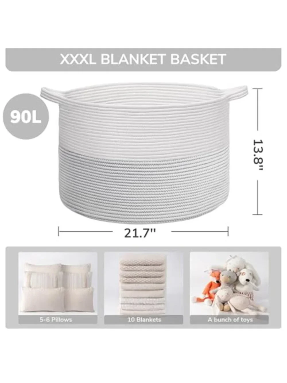 New XXXLarge Woven Rope Blanket Basket Living Room White, 90L